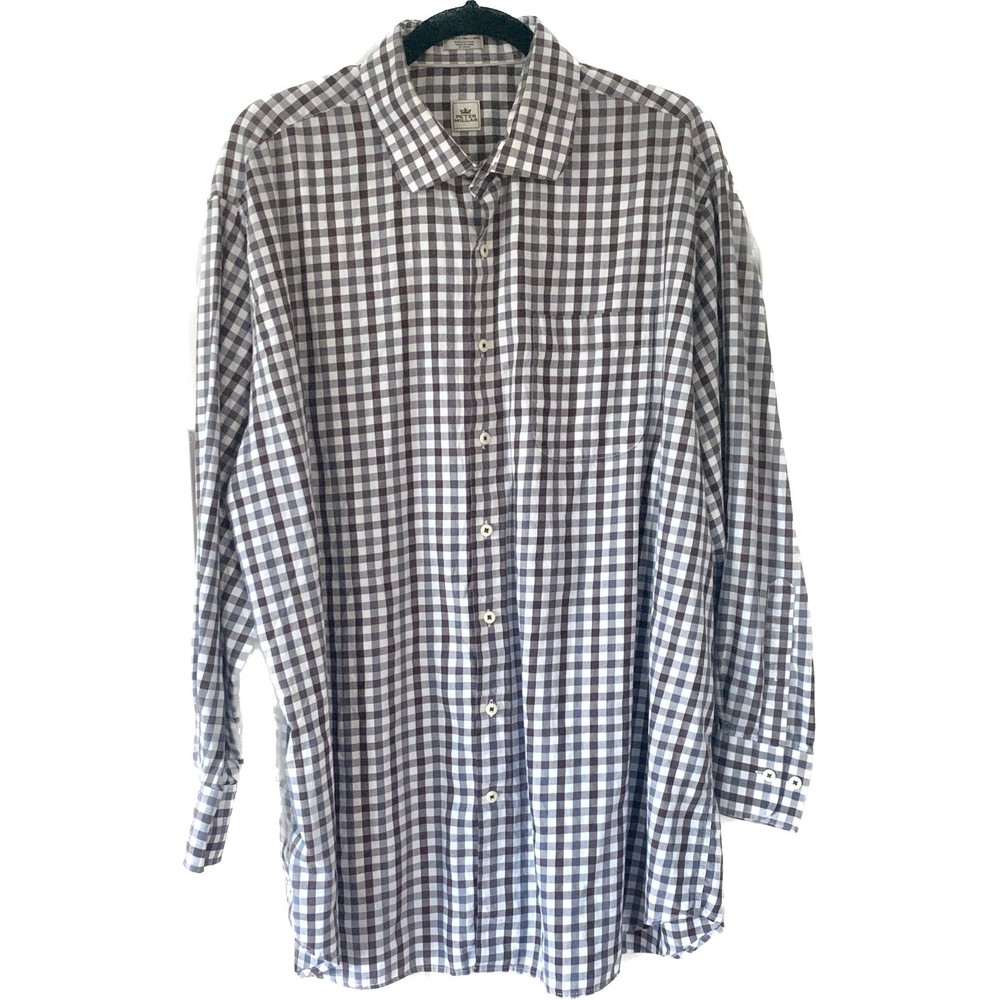 Peter Millar Size XXL Cotton Long Sleeve Brown Gray Plaid Check Button Up Shirt